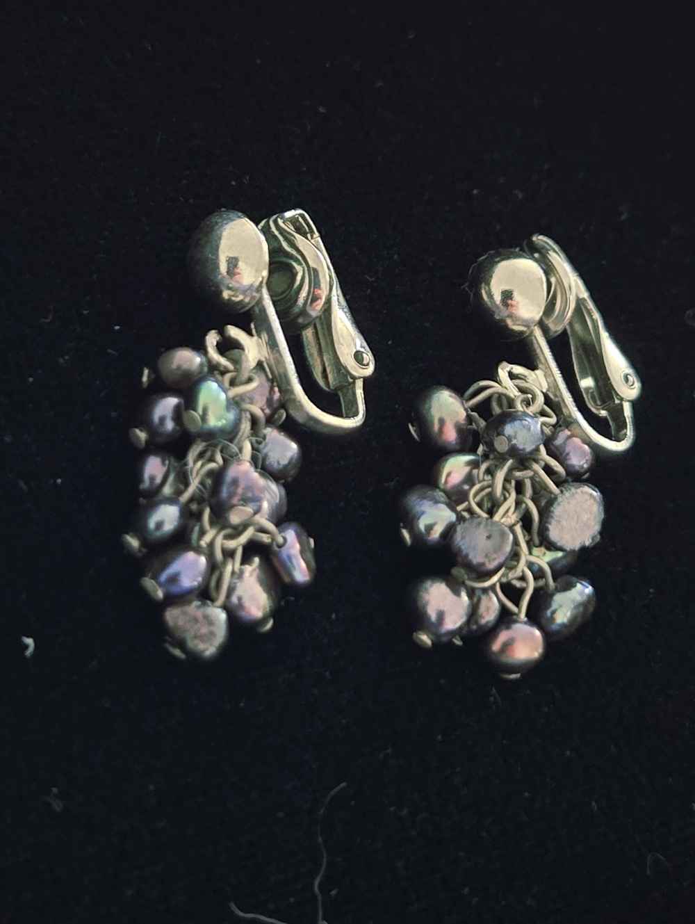 Vintage Clip-On Cluster Peacock Pearl Drop Cha Cha Earrings - Iridescent
